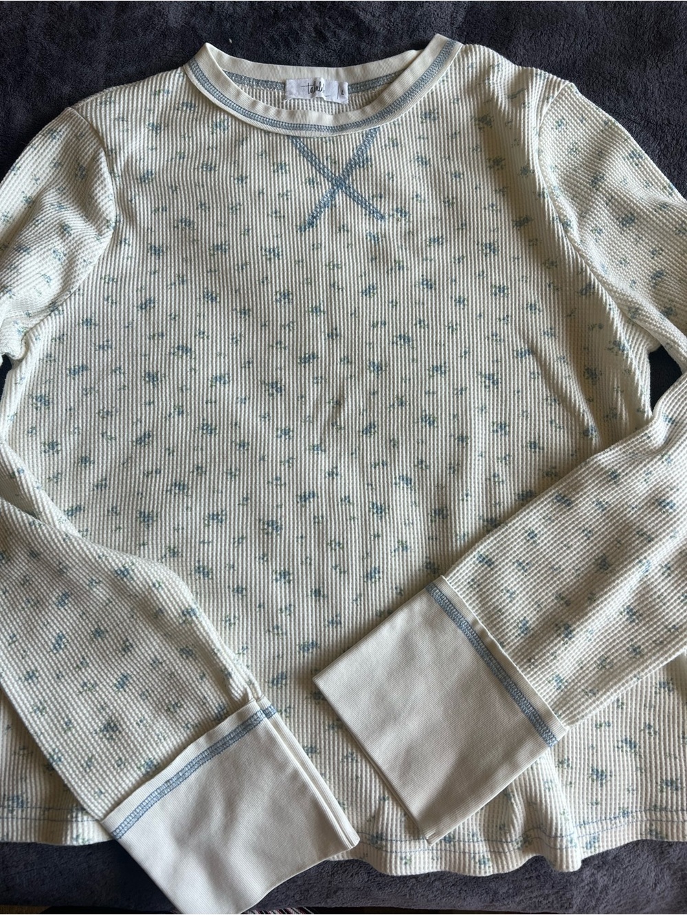 TALULAH Cream Long-Sleeve Thermal Tee with Light Blue Trim